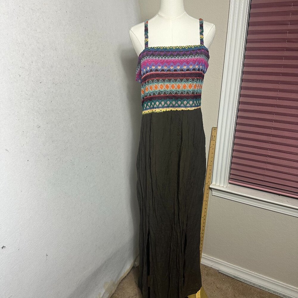 Cato dress women sz L crochet top gauzy maxi dark brown slit boho hippie summer